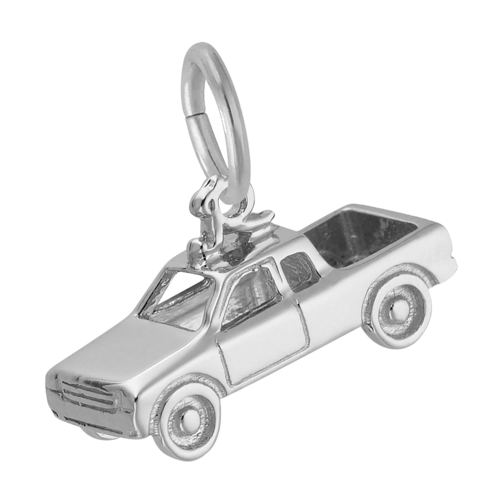 3/4 view of a silver truck shaped charm with detailed engraving, shown on a white background facing left
