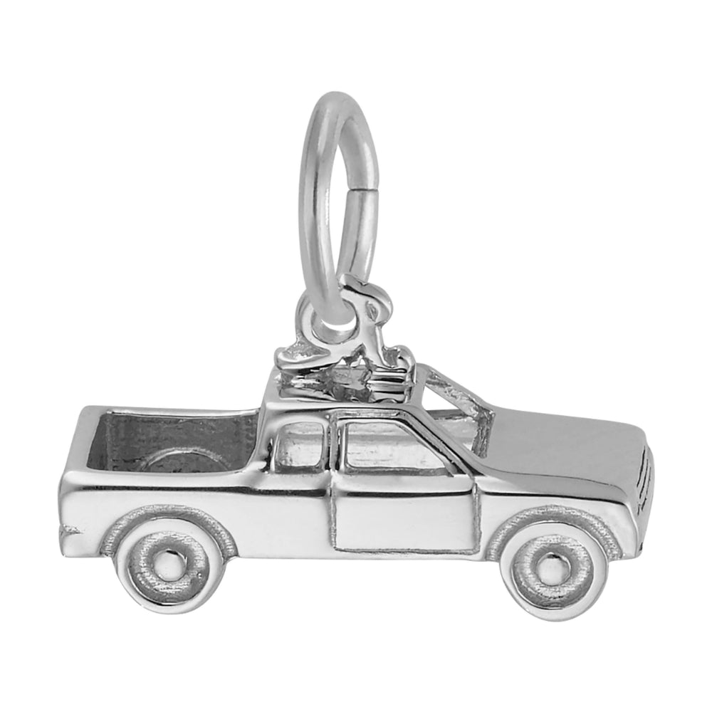 Silver truck shaped charm with detailed engraving, shown on a white background facing right
