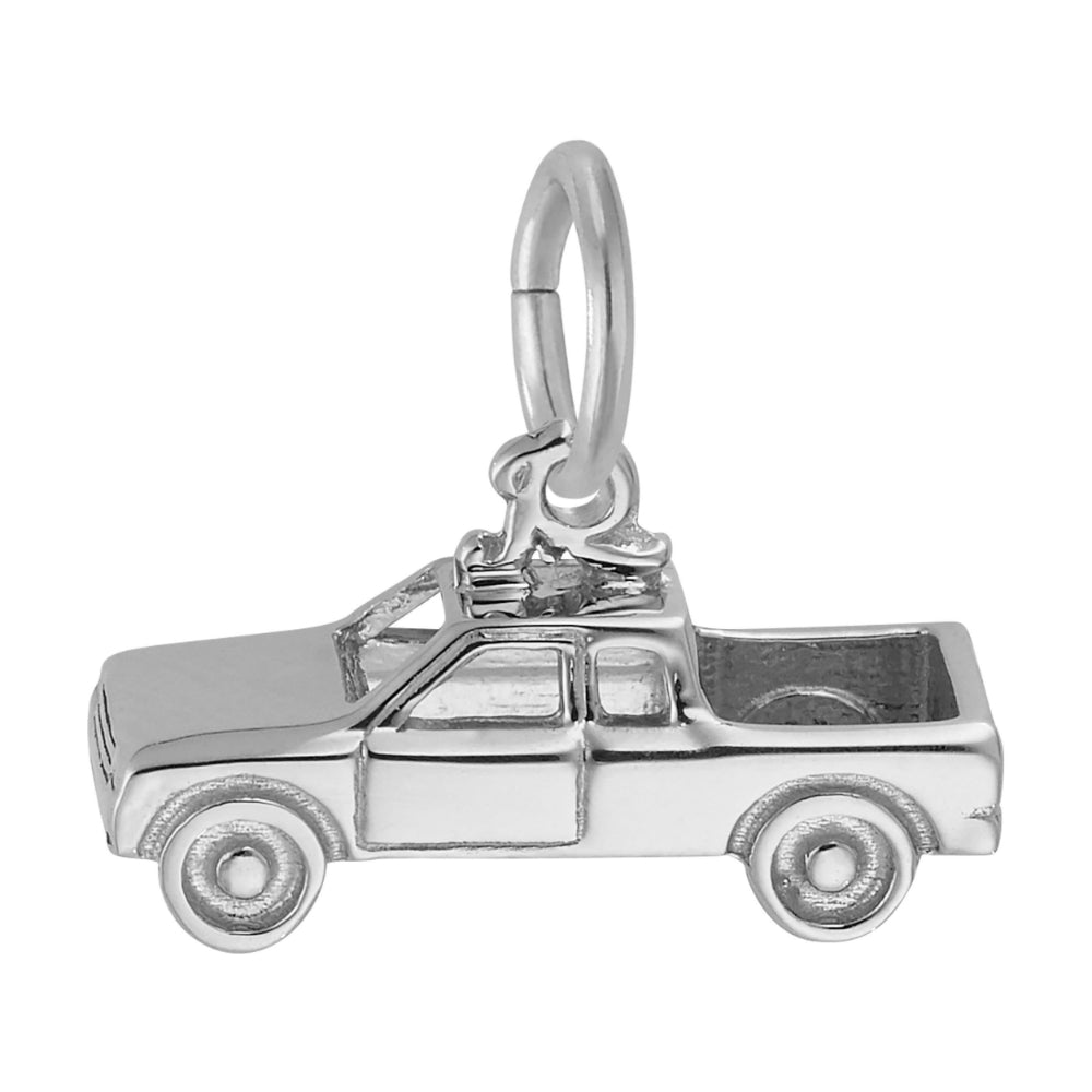 Silver truck shaped charm with detailed engraving, shown on a white background facing left