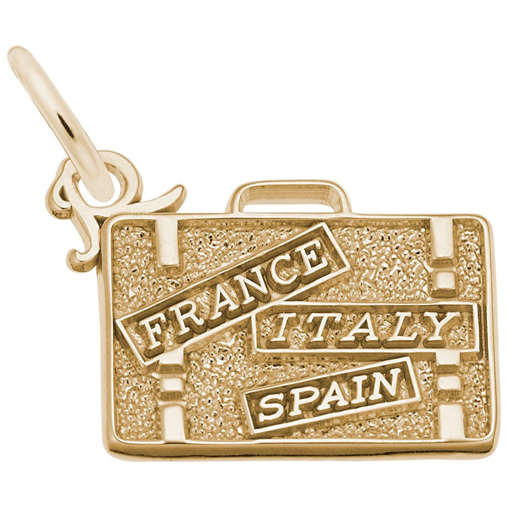 Gold charm shaped like a suitcase with 'France', 'Italy', and 'Spain' text on a white background