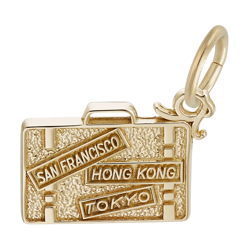 Reverse side of a Gold charm shaped like a suitcase with 'San Francisco', 'Hong Kong', and 'Tokyo' text on a white background