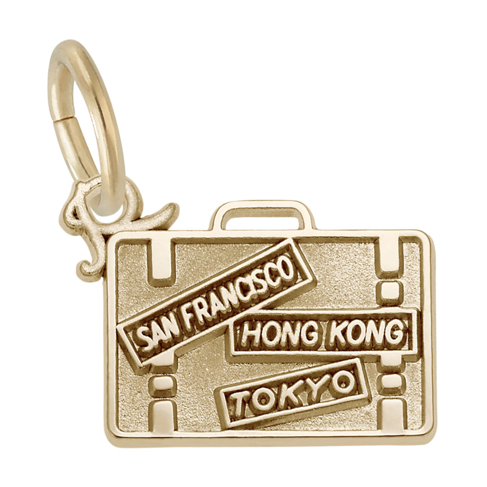 Gold charm shaped like a suitcase with 'San Francisco', 'Hong Kong', and 'Tokyo' text on a white background