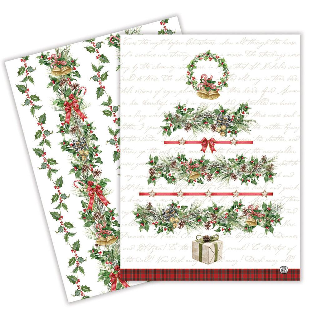 Two sheets of Christmas-themed towels with holly leaves, ribbons, and a plaid border.