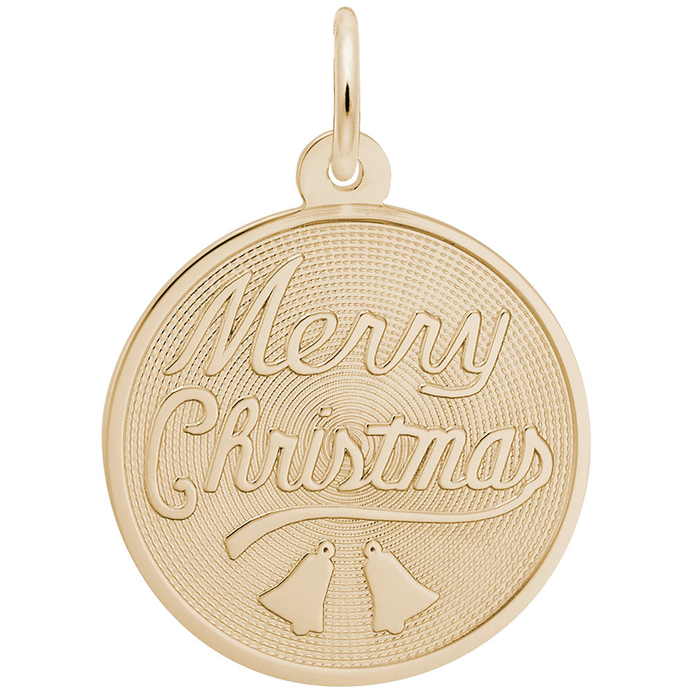 Gold disc charm with "Merry Christmas" Text and bell design, shown on a white background