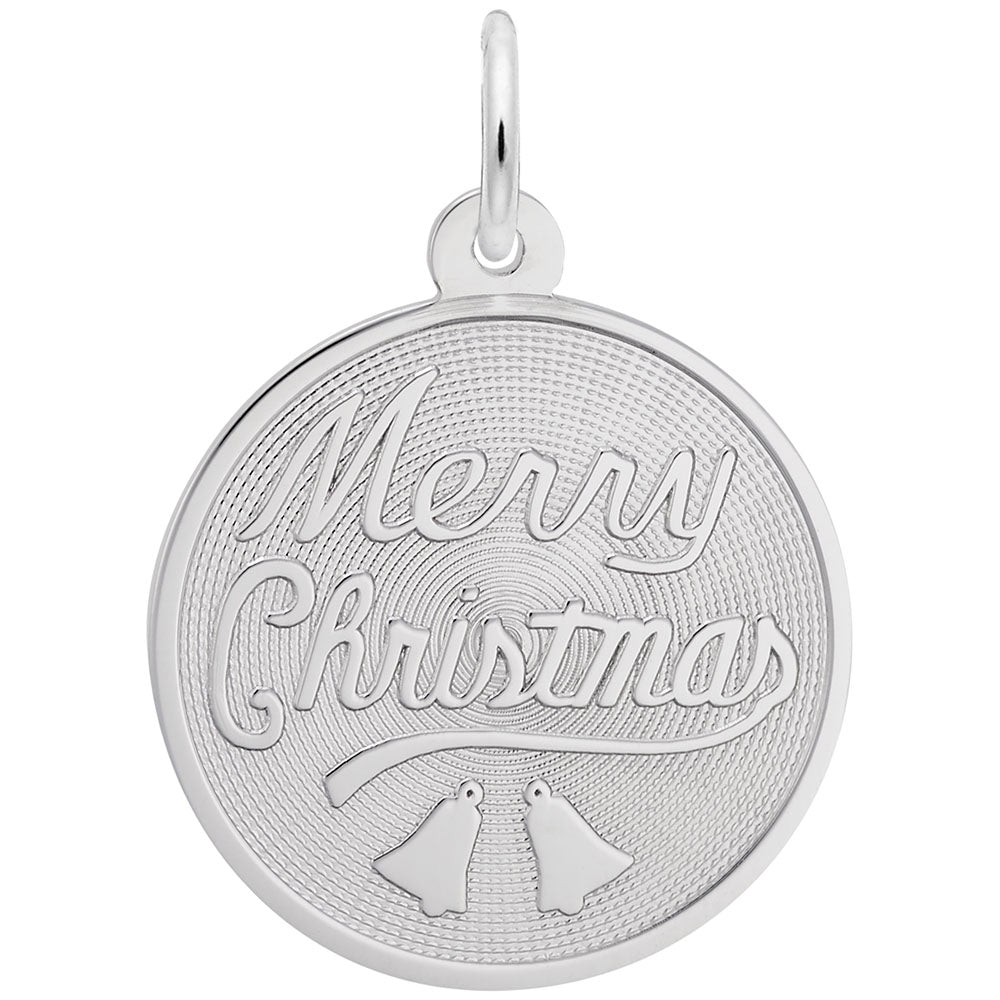 Silver disc charm with "Merry Christmas" Text and bell design, shown on a white background
