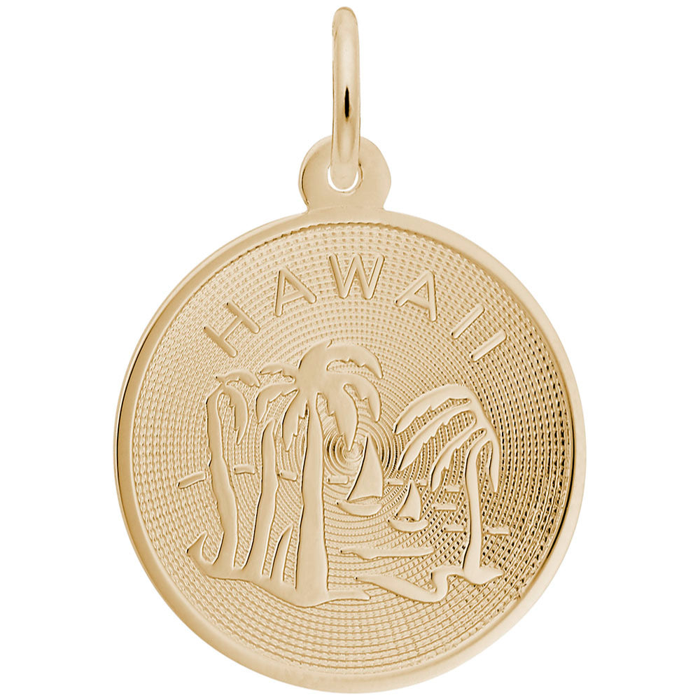 Gold disc charm with 'Hawaii' and palm tree design, shown on a white background