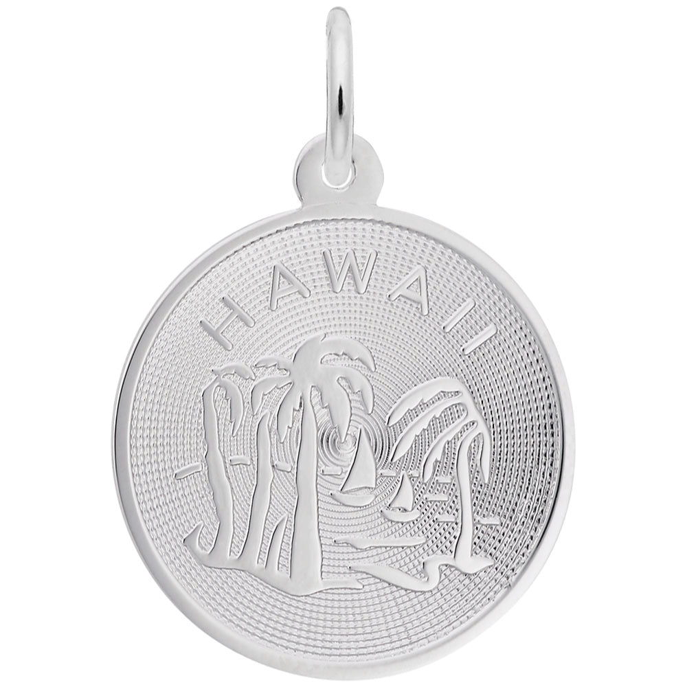 Silver disc charm with 'Hawaii' and palm tree design, shown on a white background