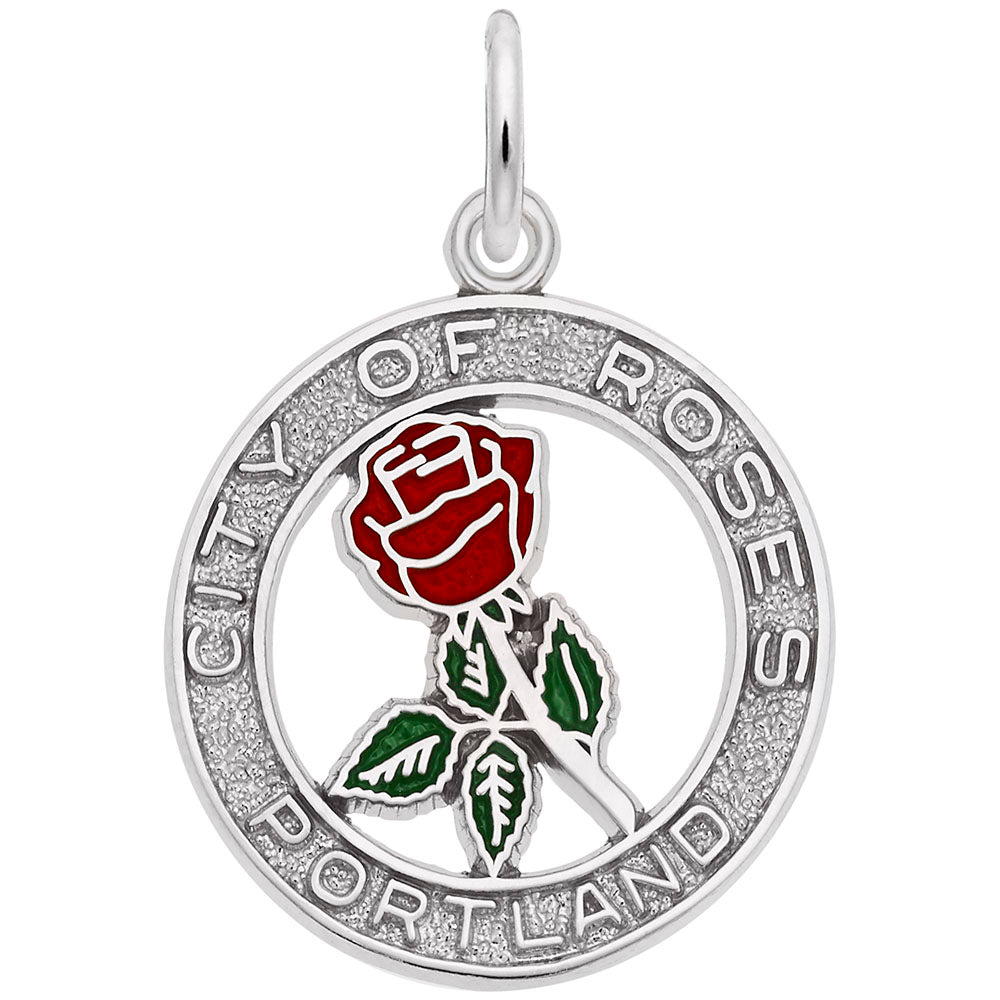 Silver charm with red rose design and 'Portland City of Roses ' text, shown on a white background