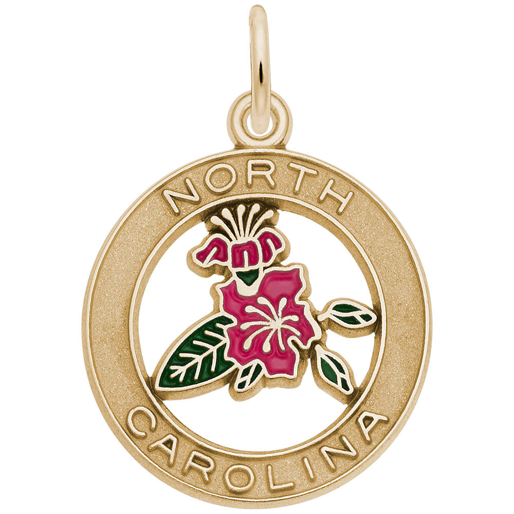 Gold charm with a pink flower design and 'North Carolina' text, shown on a white background
