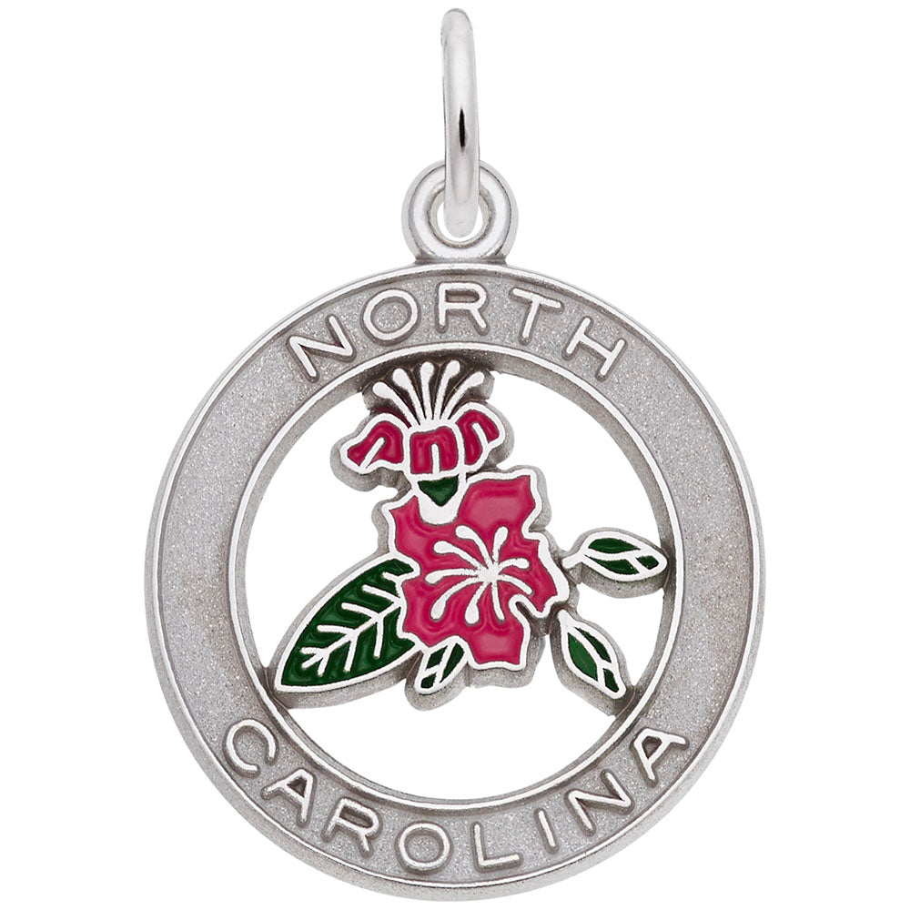 Silver charm with a pink flower design and 'North Carolina' text, shown on a white background