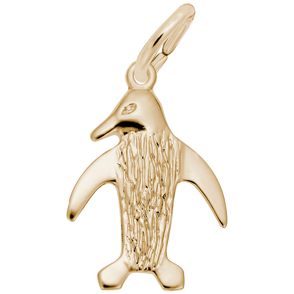 A polished gold penguin charm with a textured body, shown against a plain white background.