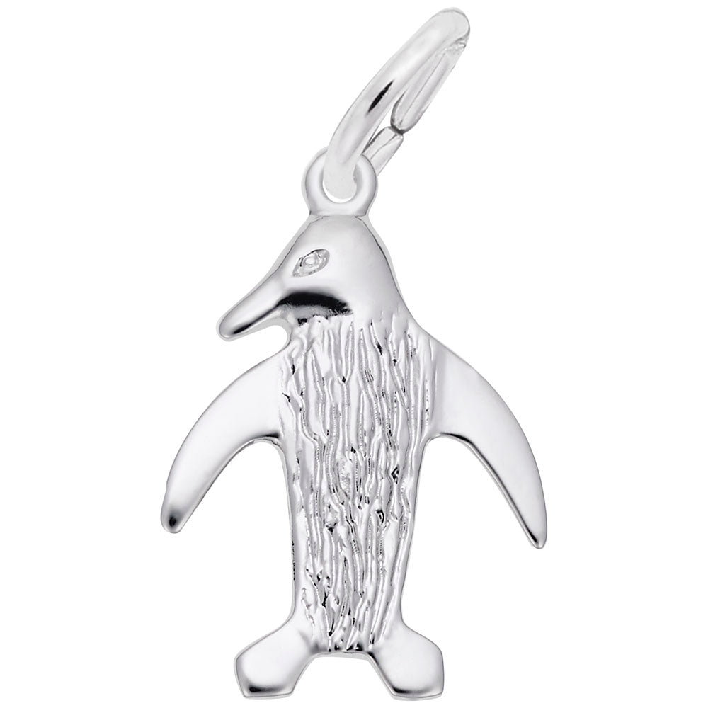 A polished silver penguin charm with a textured body, shown against a plain white background.