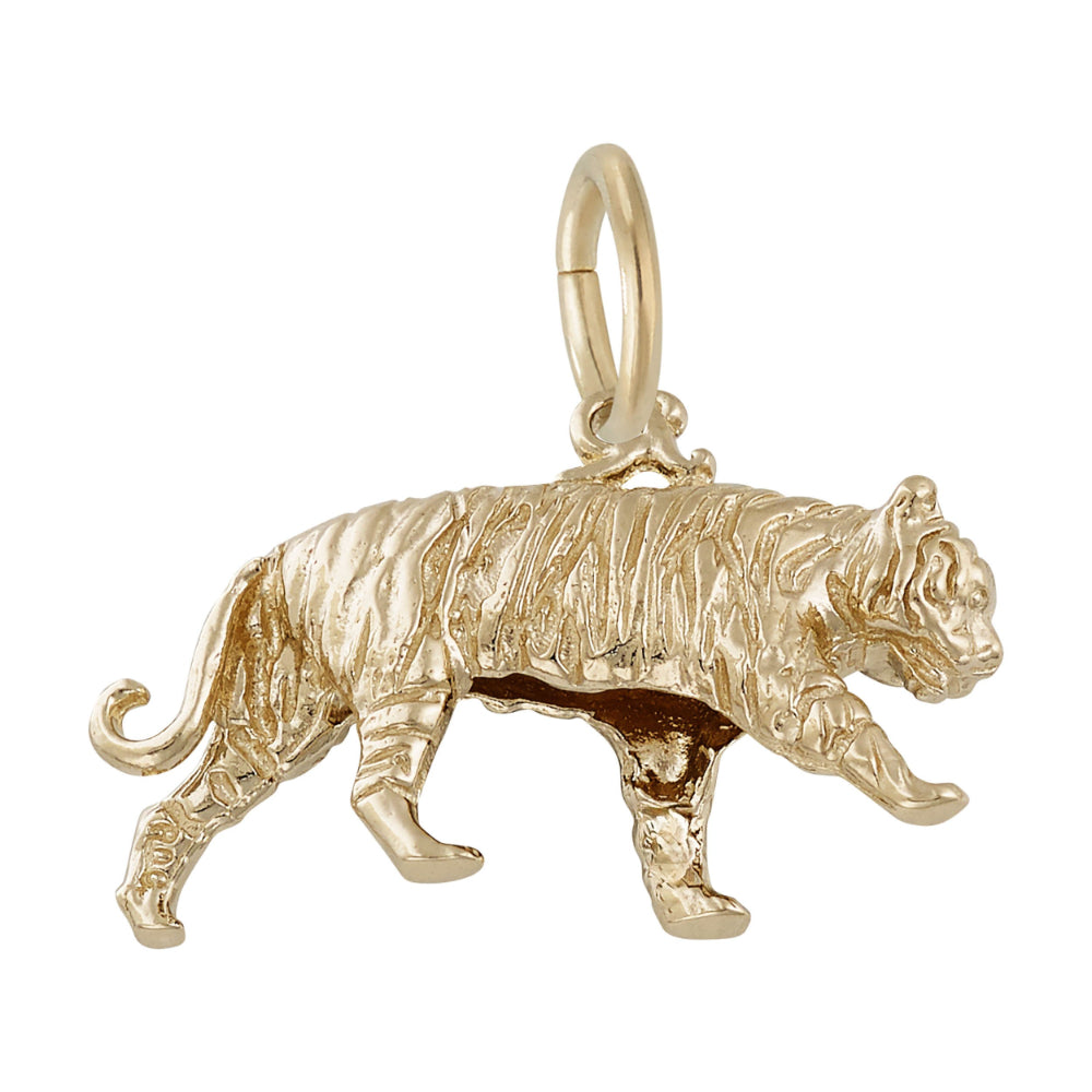 Bottom up view of a gold tiger charm with a detailed walking pose, shown on a plain white background.