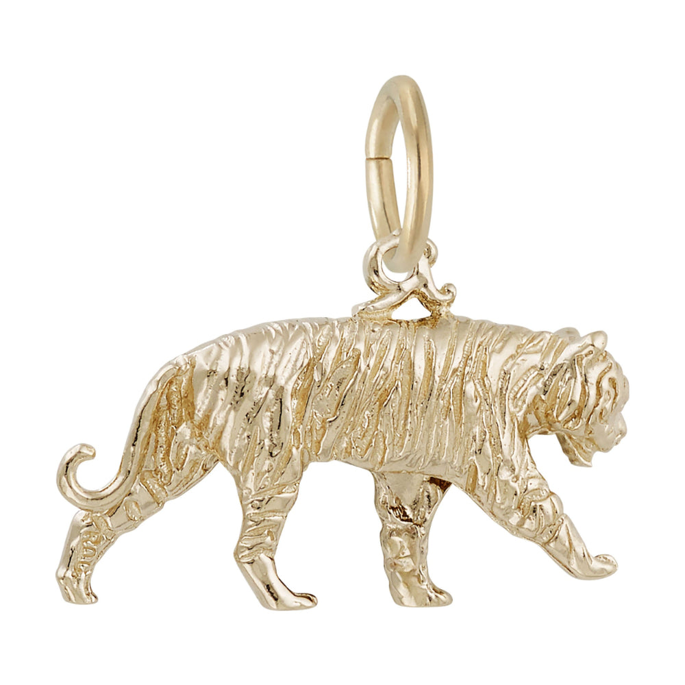 A gold tiger charm with a detailed walking pose, shown on a plain white background facing right.