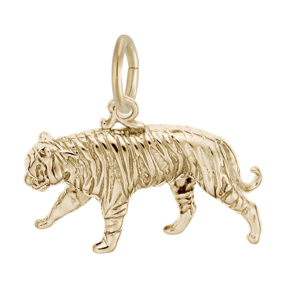 A gold tiger charm with a detailed walking pose, shown on a plain white background facing left.
