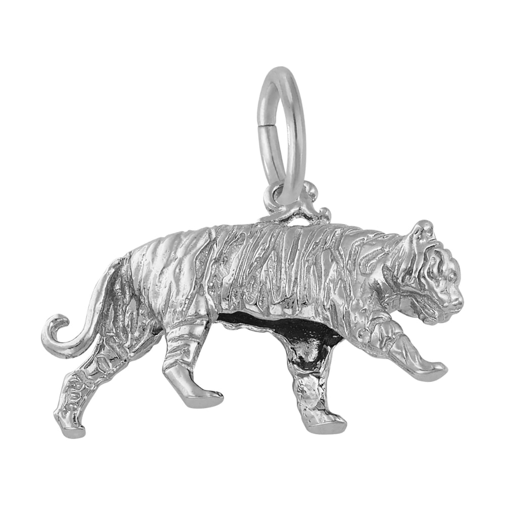 Bottom up view of a silver tiger charm with a detailed walking pose, shown on a plain white background.