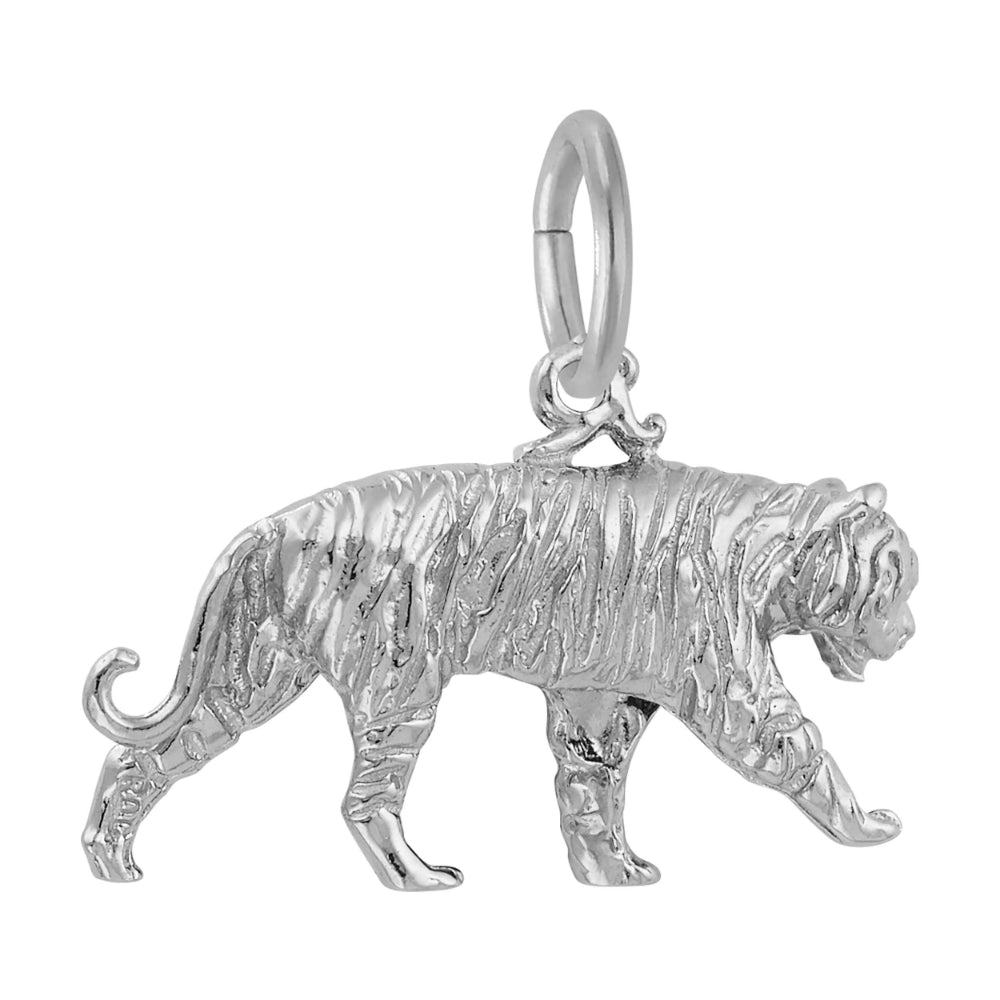 A silver tiger charm with a detailed walking pose, shown on a plain white background facing right.