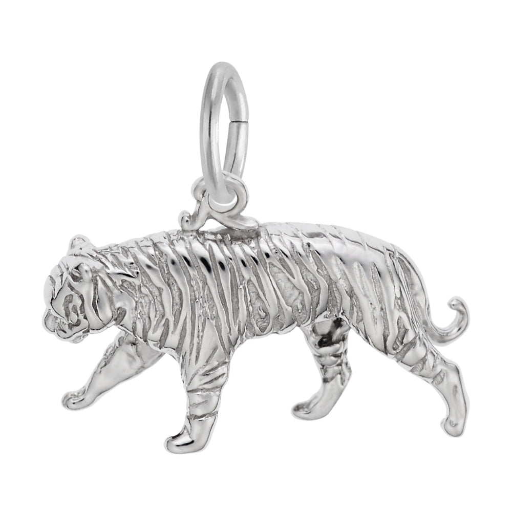 A silver tiger charm with a detailed walking pose, shown on a plain white background facing left.