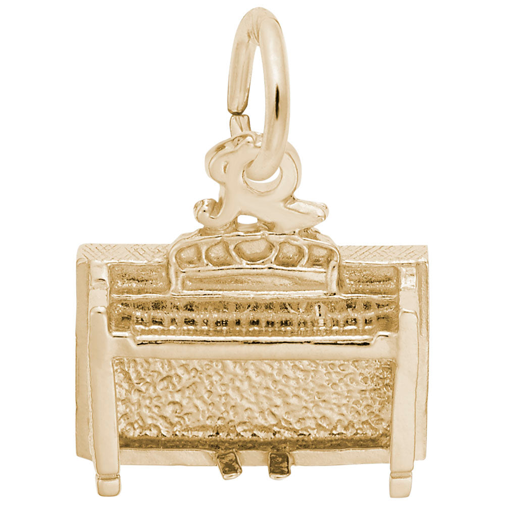 Gold charm shaped like a spinet piano, shown on a white background