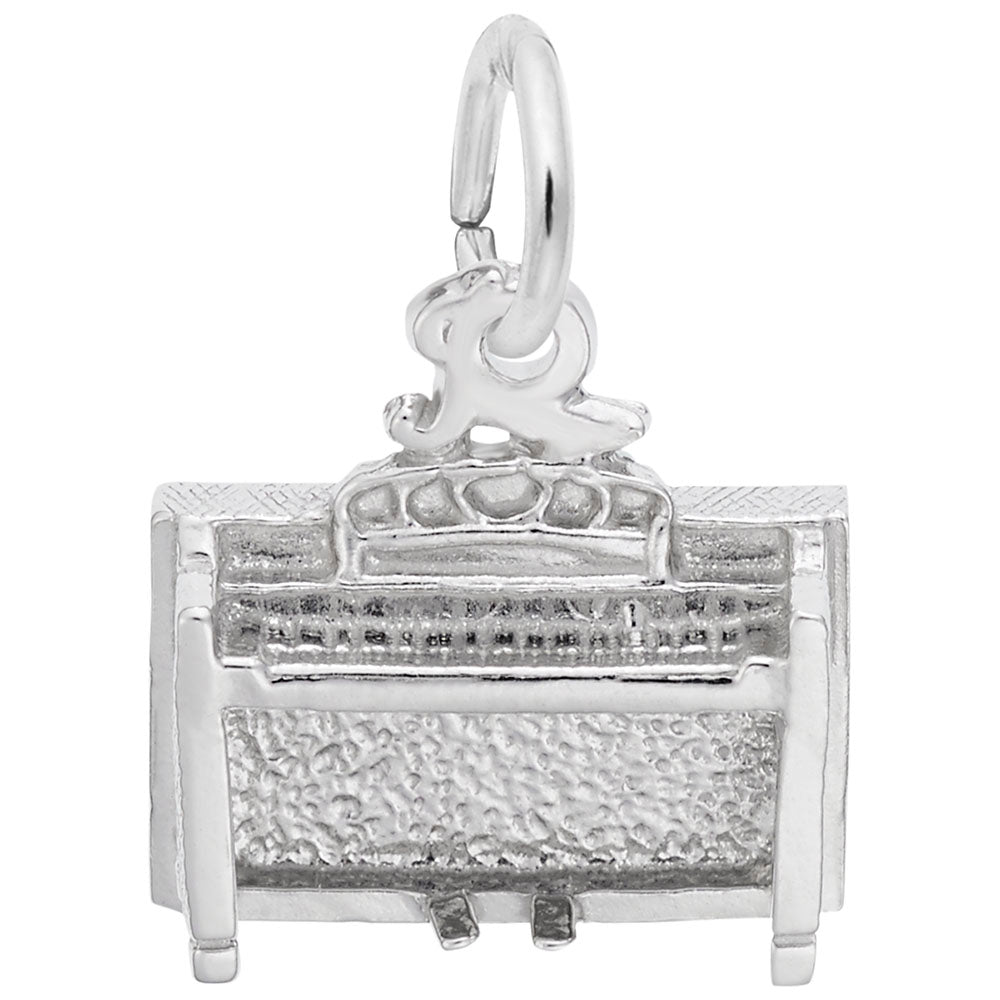Silver charm shaped like a spinet piano, shown on a white background