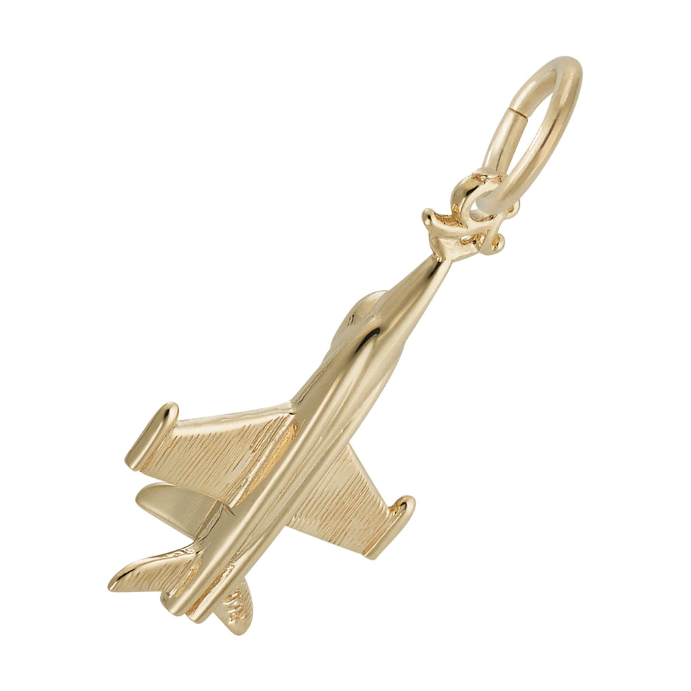 Bottom view of a gold charm shaped like a fighter jet pointing towards top right shown on a white background