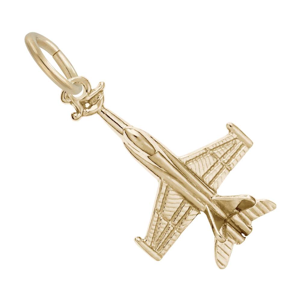 Top view of a gold charm shaped like a fighter jet pointing towards top left shown on a white background