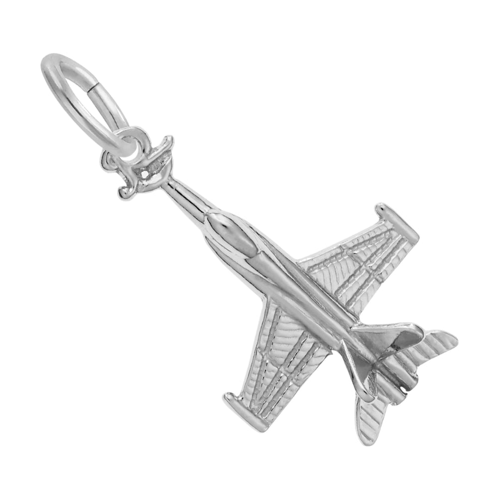 Top view of a silver charm shaped like a fighter jet pointing towards top left shown on a white background