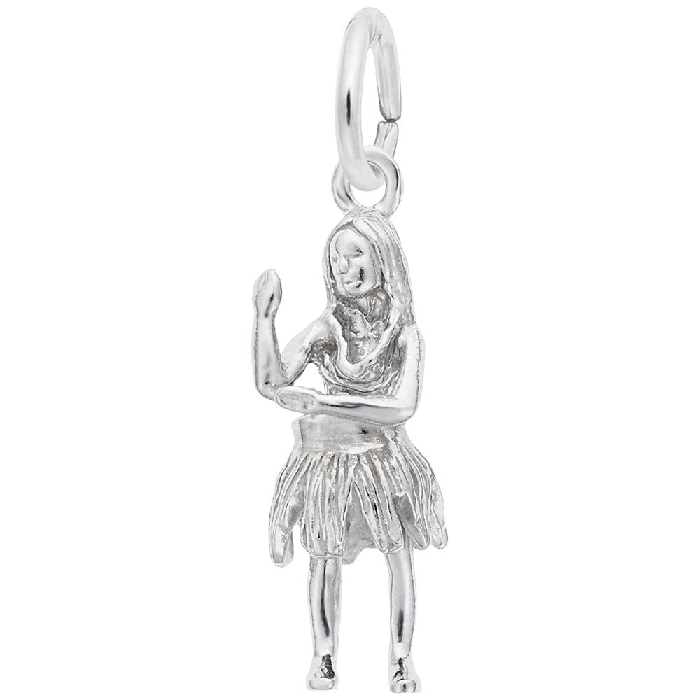 Silver charm of a person in a hula skirt on a white background