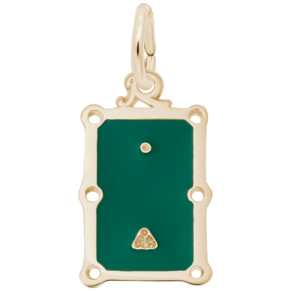 Top view of gold pool table charm with green painted top, shown on a white background