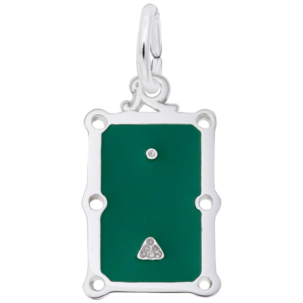 Top view of silver pool table charm with green painted top, shown on a white background