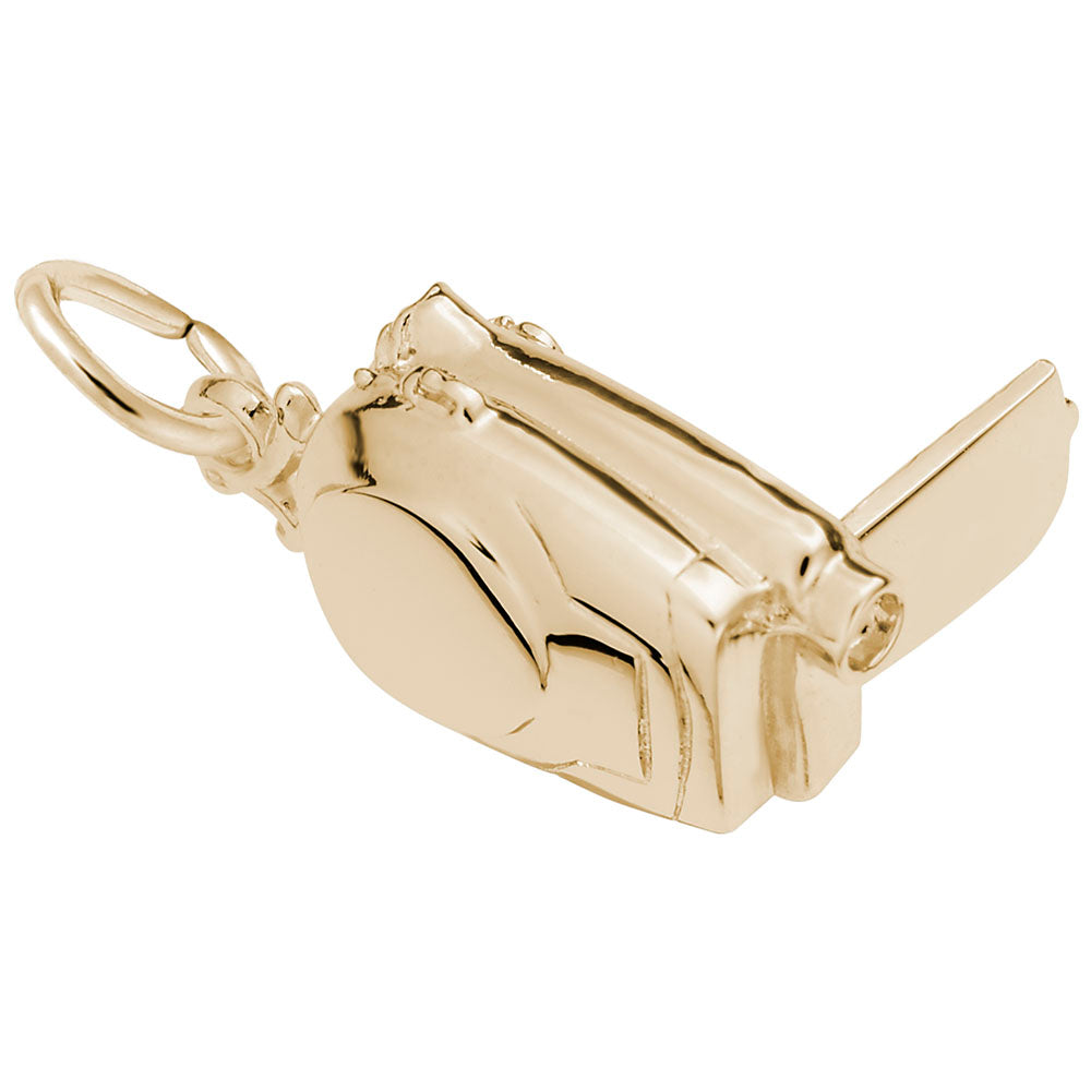 Gold camcorder shaped charm, shown on a white background