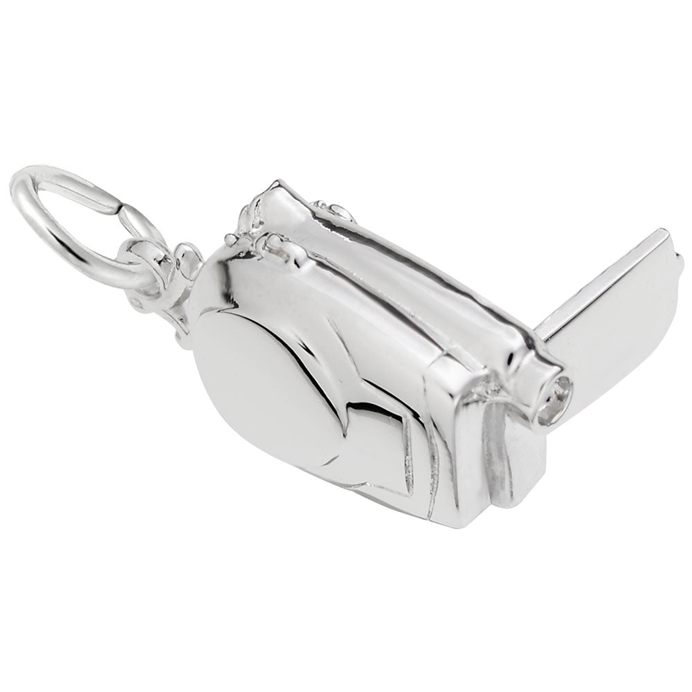 Silver camcorder shaped charm, shown on a white background