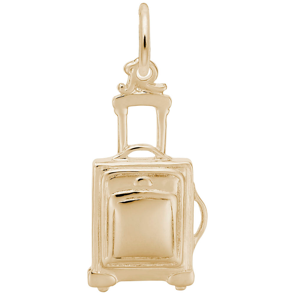 Gold wheeled suitcase charm on a white background