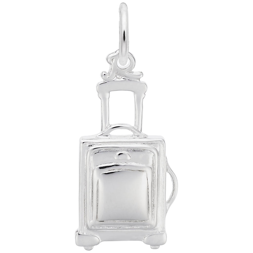 Silver wheeled suitcase charm on a white background