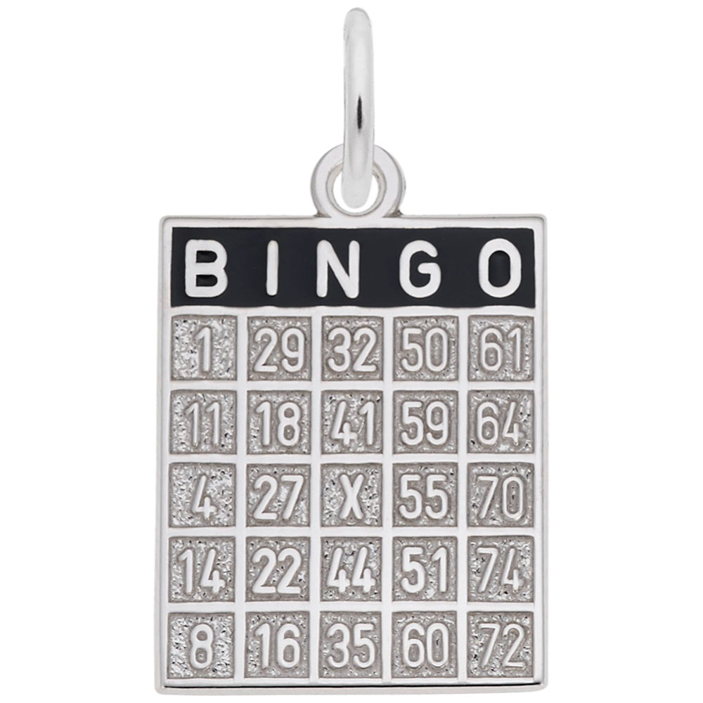 A silver bingo card shaped charm with a black painted header and silver letters and number, shown on a white background