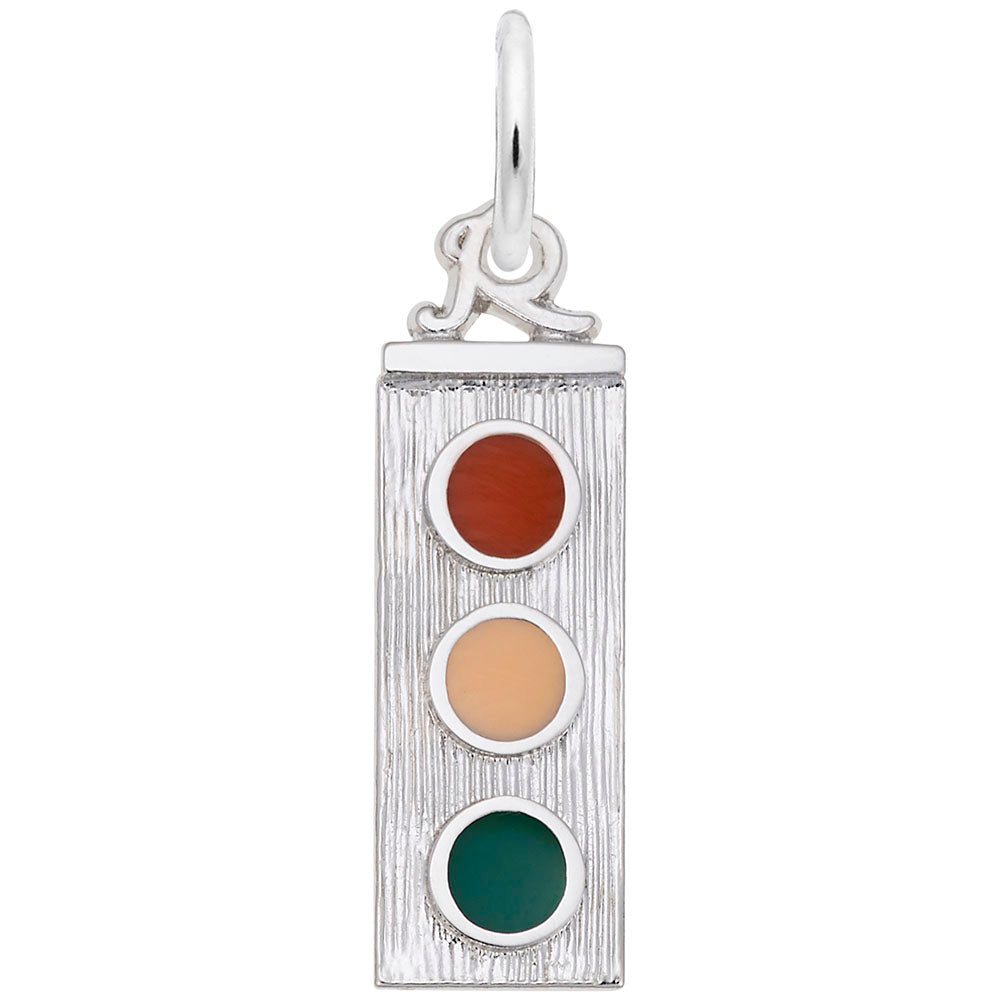Silver traffic light charm with painted lights, shown on a white background