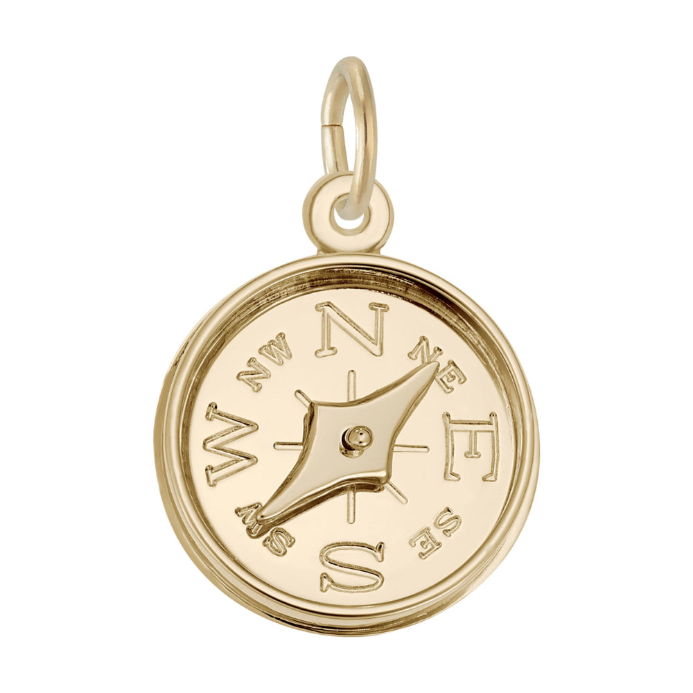 A round gold compass pendant charm with engraved cardinal directions and a central rose and needle, shown on a plain white background.