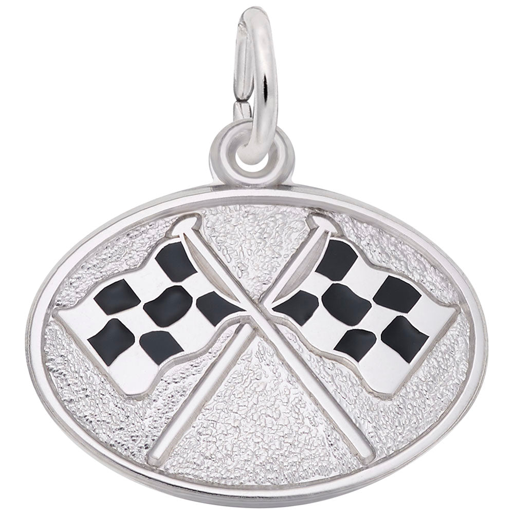 Silver oval charm with two crossed checkered flags on a white background