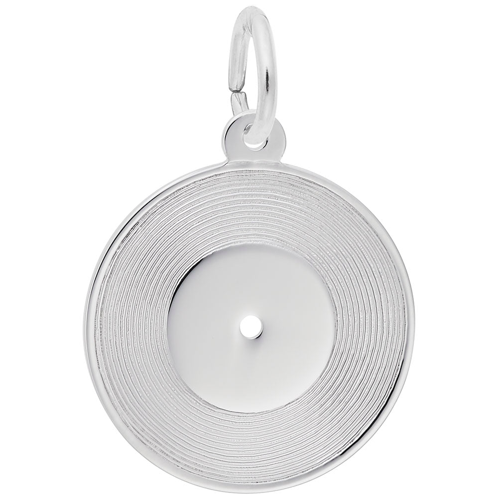 Silver record charm, shown on a white background