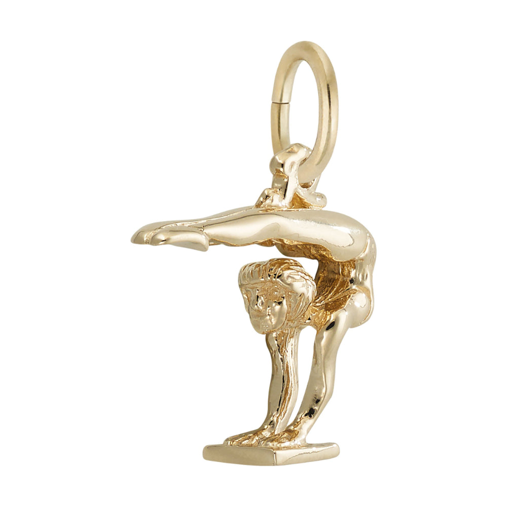 3/4 view of a polished gold charm shaped like a gymnast performing a handstand with legs extended horizontally, shown on a plain white background.