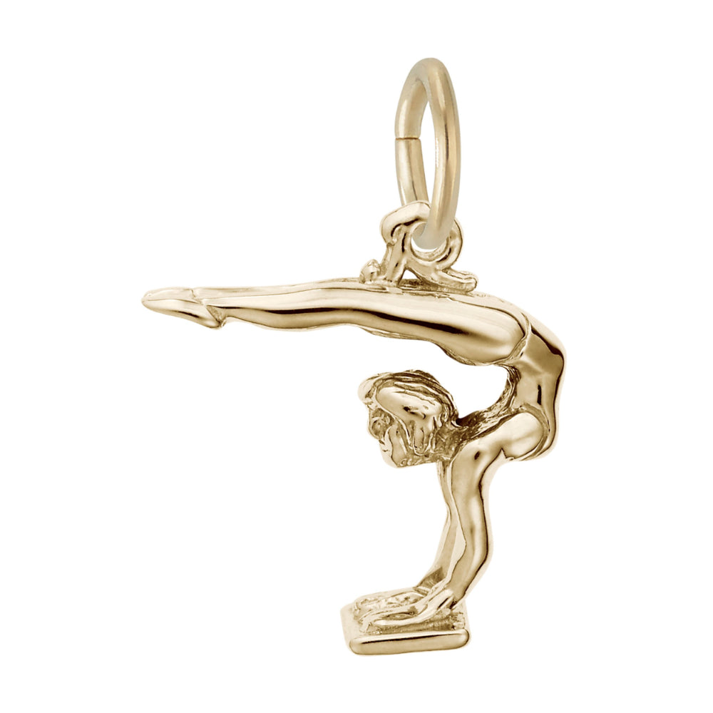 A polished gold charm shaped like a gymnast performing a handstand with legs extended horizontally to the left, shown on a plain white background.