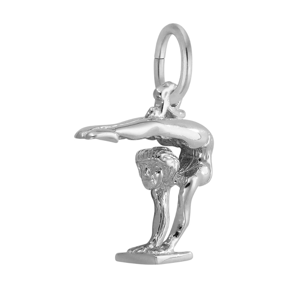 3/4 view of a polished silver charm shaped like a gymnast performing a handstand with legs extended horizontally to the left, shown on a plain white background.