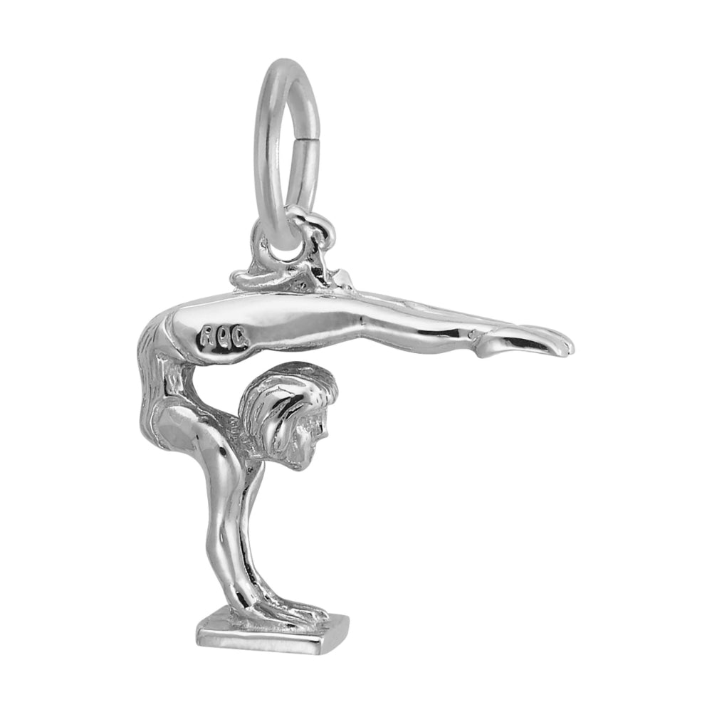 A polished silver charm shaped like a gymnast performing a handstand with legs extended horizontally to the right, shown on a plain white background.