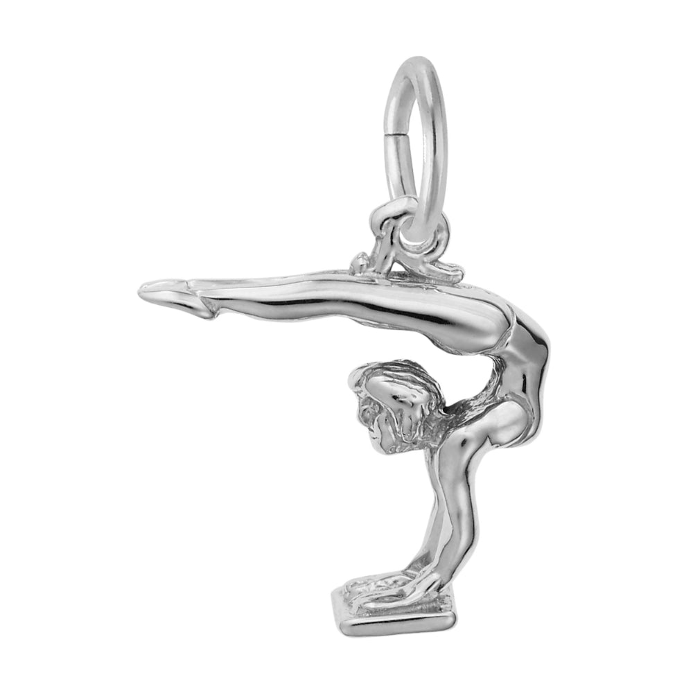 A polished silver charm shaped like a gymnast performing a handstand with legs extended horizontally to the left, shown on a plain white background.