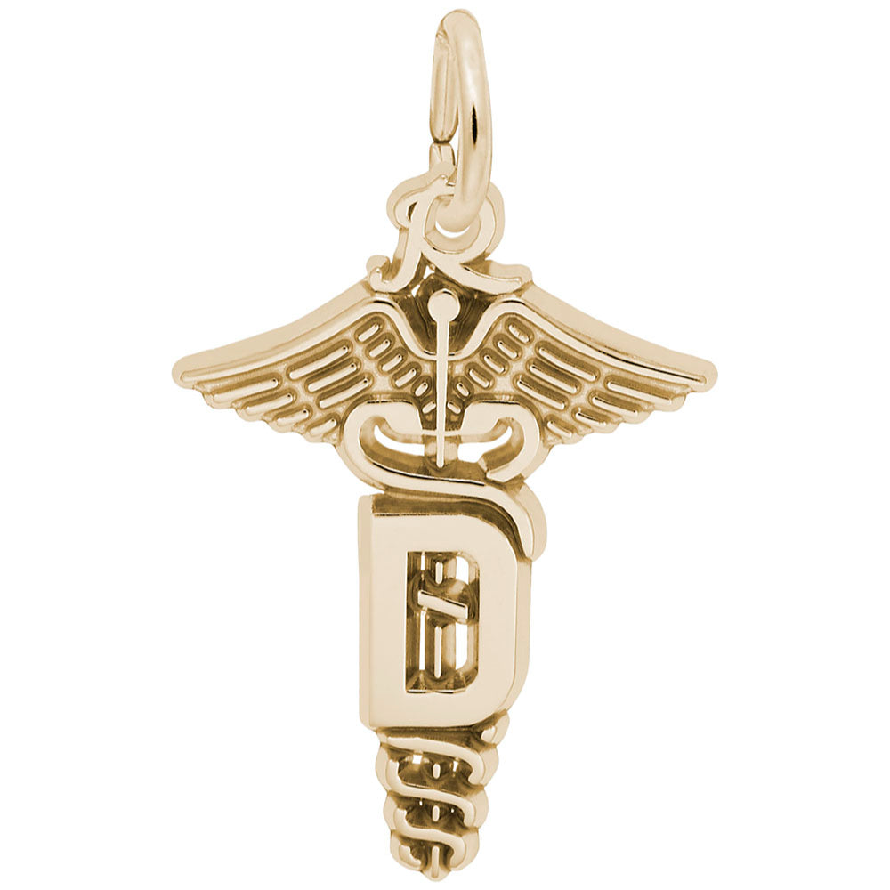 A gold medical caduceus charm featuring a winged staff of Asclepius with a letter 'D' integrated into the snake body, set against a plain white background.