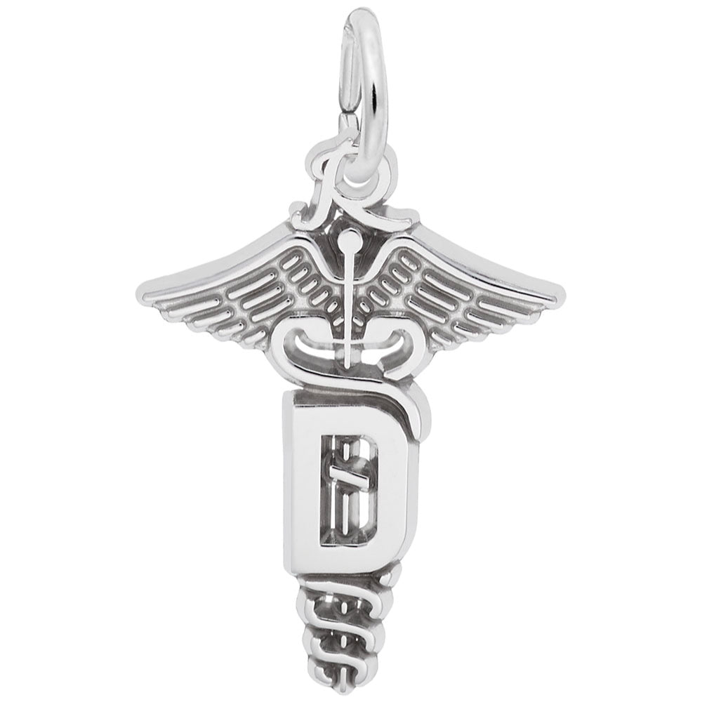 A silver medical caduceus charm featuring a winged staff of Asclepius with a letter 'D' integrated into the snake body, set against a plain white background.