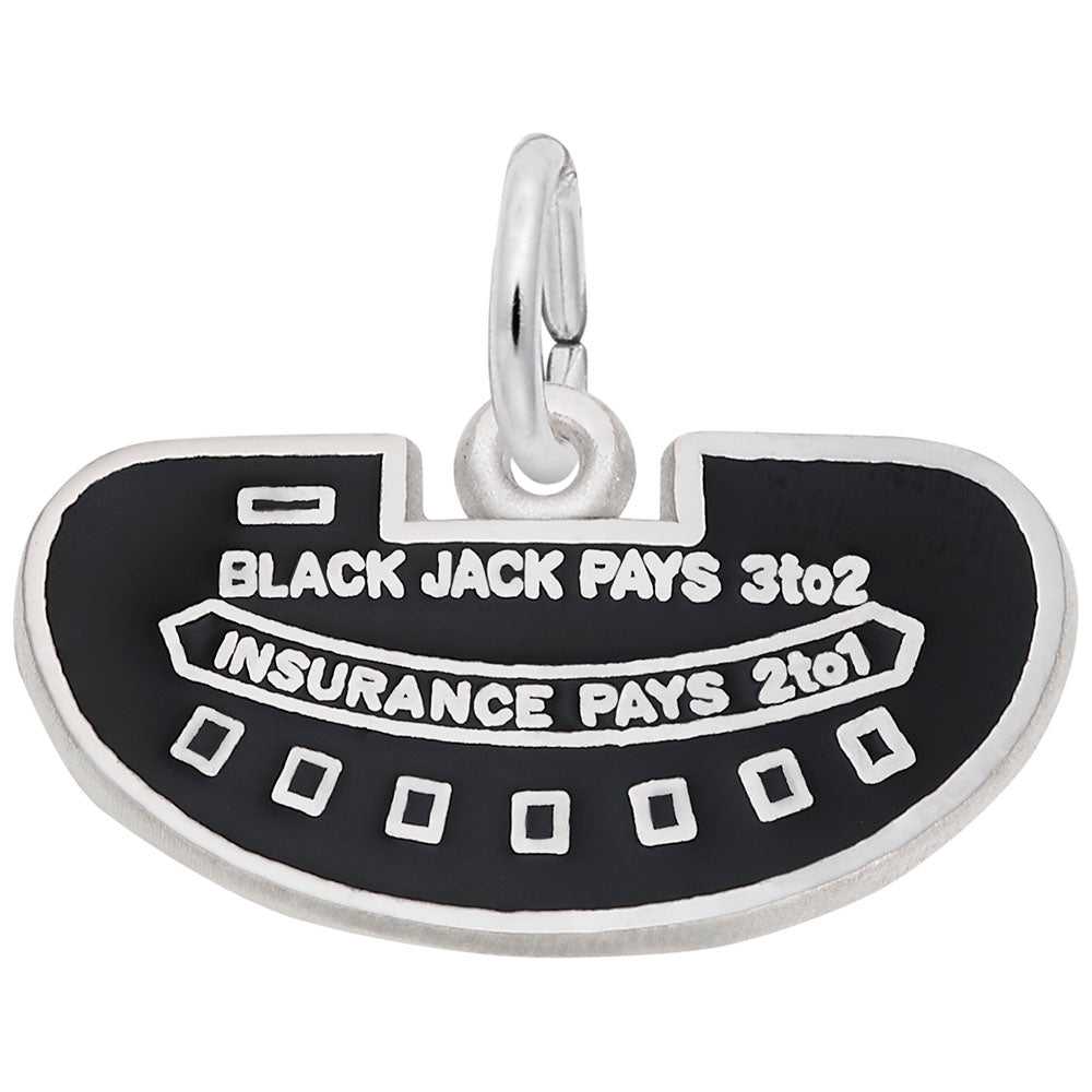 Blackjack table charm with silver lettering and edges, shown on a white background