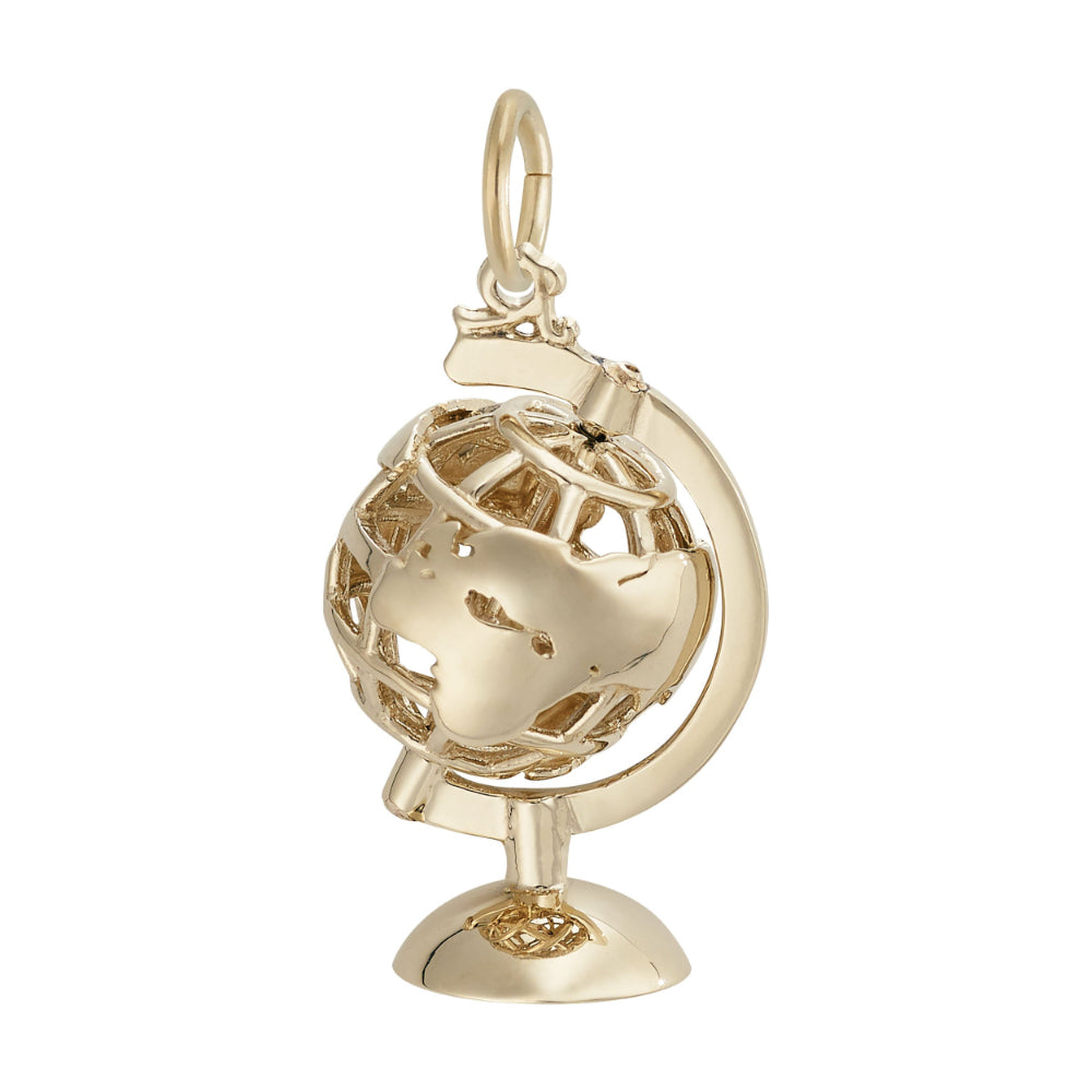Reverse side of a gold globe charm featuring western Europe and Africa, shown on a white background  