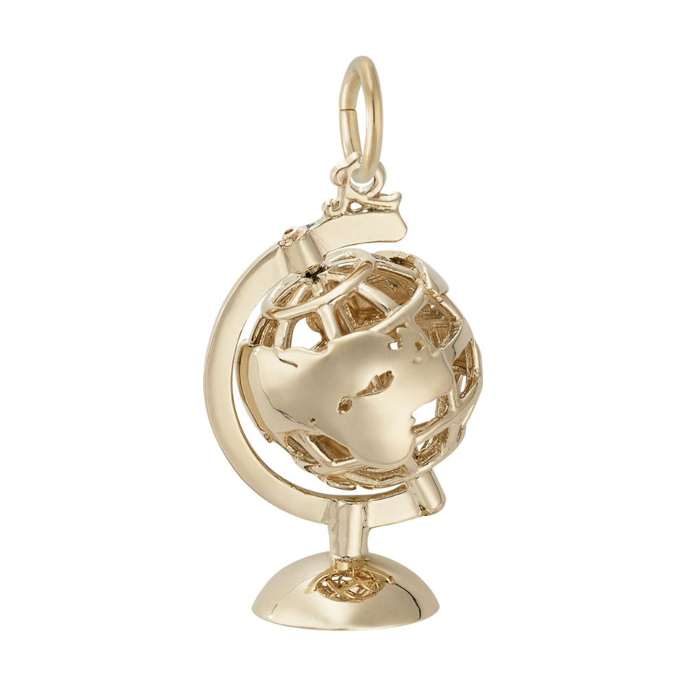 Gold globe charm featuring eastern Europe and Asia, shown on a white background  