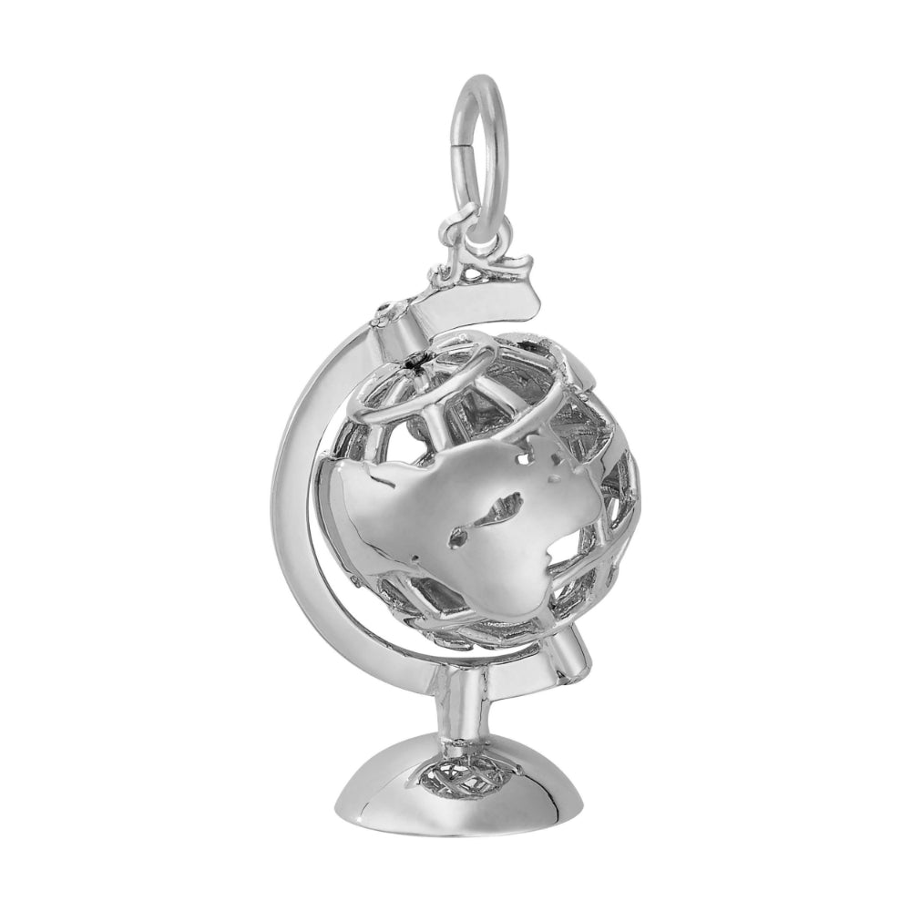 Silver globe charm featuring eastern Europe and Asia, shown on a white background  